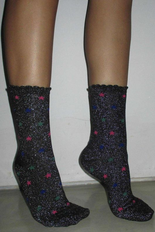 Star Scalloped Glitter Socks Black Silver